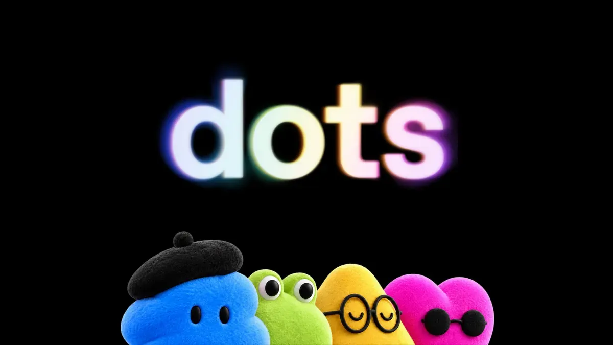 ChatGPT Dots med en fargerik dots-logo over fire figurer på svart bakgrunn.