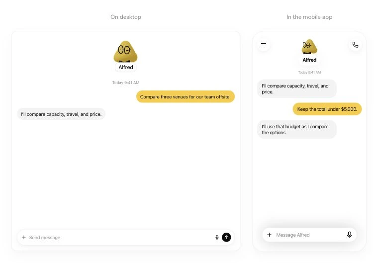 OpenAIs illustrasjon av samme Dots-agent på PC og i mobilappen. En samtale om valg av møtested får en ny budsjettramme på mobilen.
